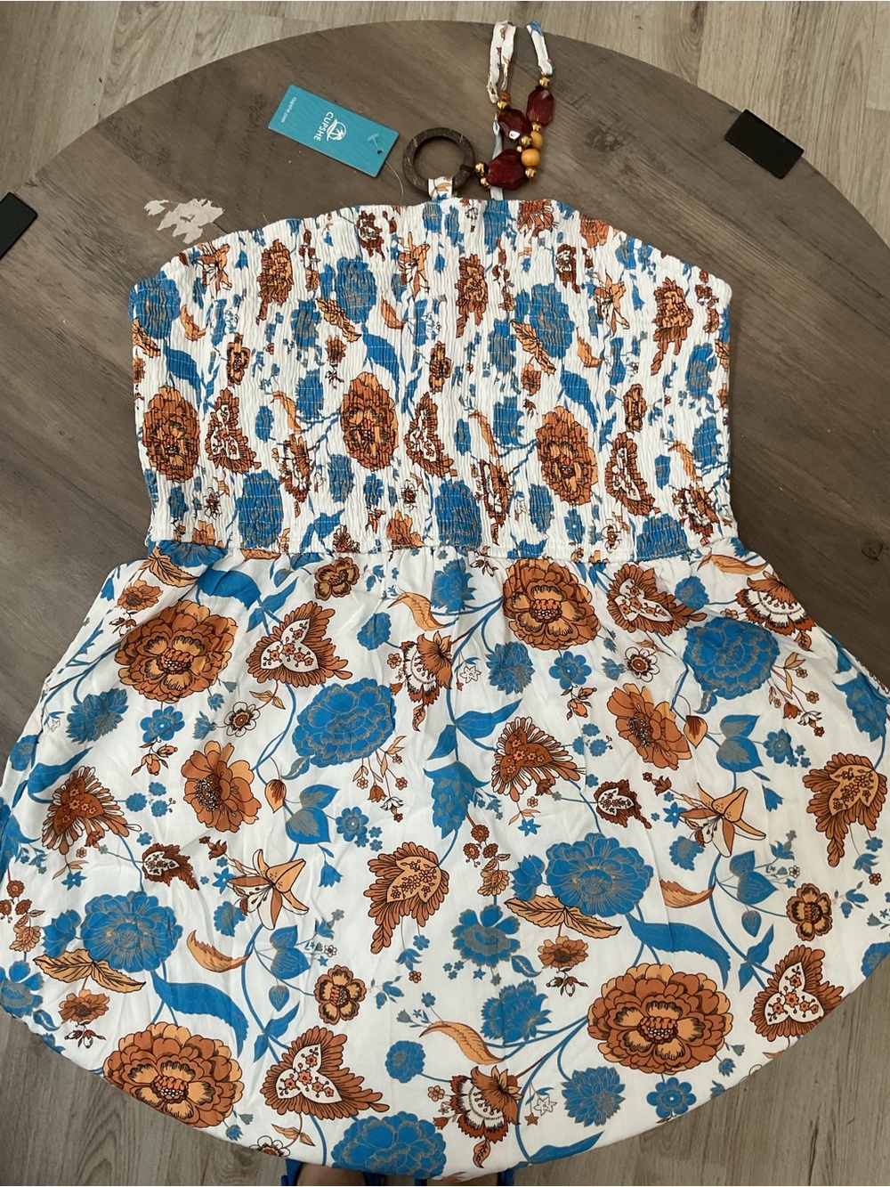 Cupshe White Floral Strapless Mini Dress with Blue and Brown Flowers Halter bead